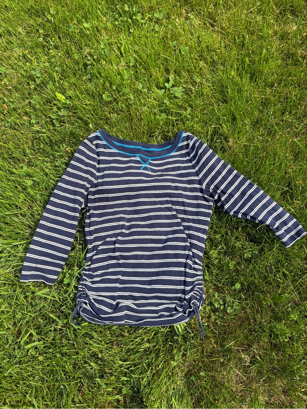 Navy and White Striped Boatneck Top with Teal Trim